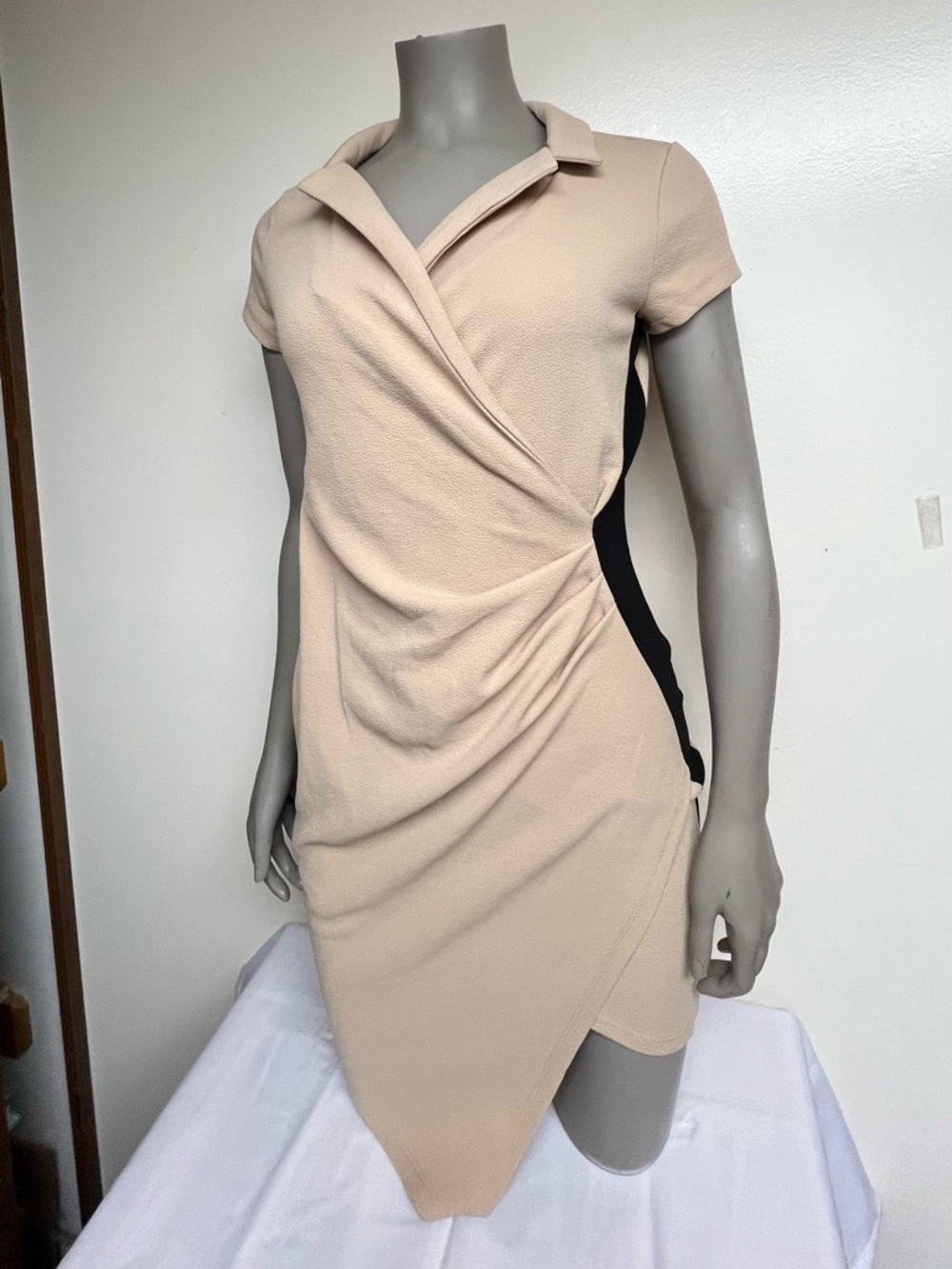 Almost Famous Beige Mini Dress with Black Side Panels